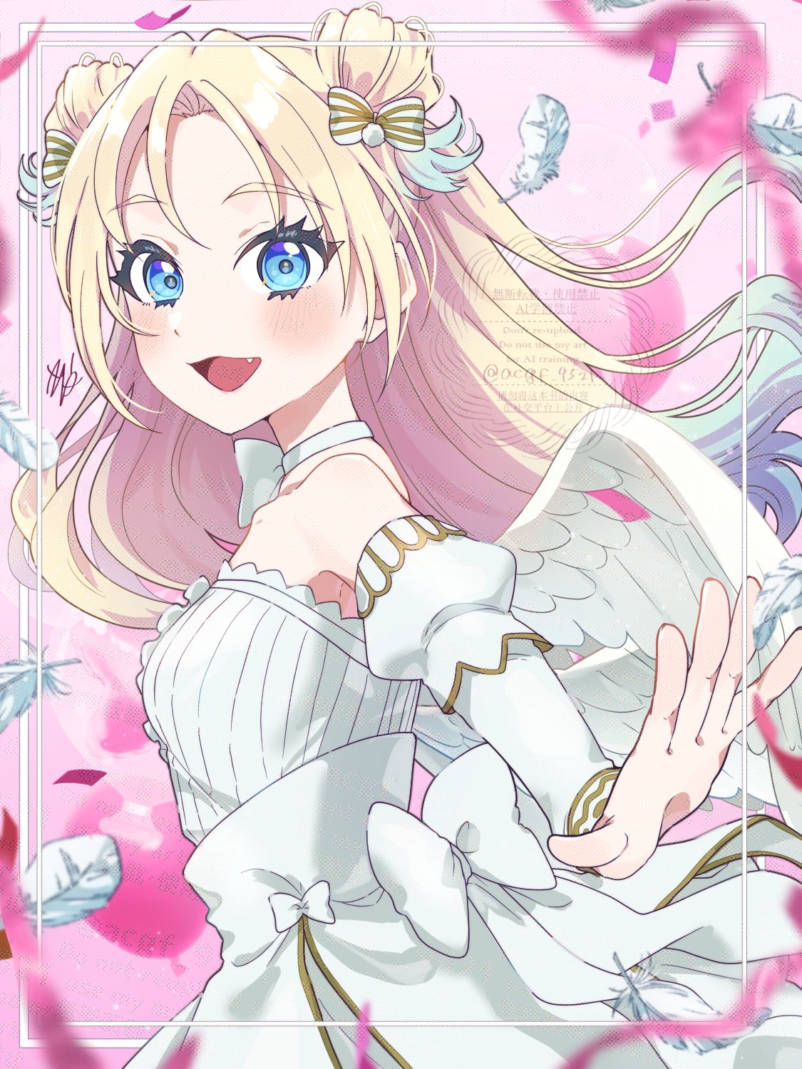 kyaku tasu, osawa rurino, link! like! love live!, love live!, commentary, highres, 1girl, angel wings, balloon, birthday, blonde hair, blue eyes, blush, breasts, confetti, fang, feathers, gradient hair, long hair, looking at viewer, multicolored hair, pink background, signature, small breasts, solo, upper body, white feathers, white wings, wings