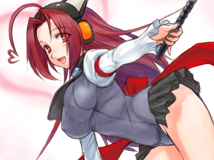 rona, miura azusa, idolmaster, idolmaster (classic), idolmaster 1, moetan, 00s, 1girl, ahoge, breasts, fang, female focus, large breasts, red eyes, red hair, school uniform, serafuku, solo, wand