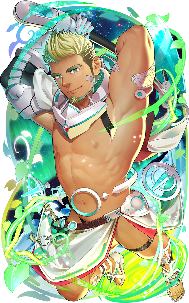 itto (mentaiko), live a hero, official art, 1boy, abs, antares (live a hero), armpits, arms up, bara, bare pectorals, blonde hair, dark-skinned male, dark skin, facial hair, full body, futuristic weapon, goatee, green eyes, harness, holding, holding hoe, holding staff, looking at viewer, muscular, muscular male, navel, nipples, pectorals, sandals, staff, thick eyebrows