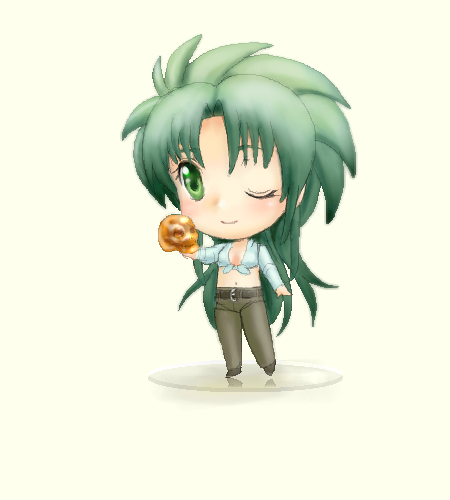 yagisaka seto, indiana jones, jochuu-san, indiana jones (series), original, lowres, 1girl, chibi, cosplay, female focus, green hair, indiana jones (cosplay), oekaki, solo