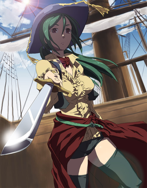 kawamura rukanan, tagme, green hair, pirate, solo, sword, thighhighs, weapon