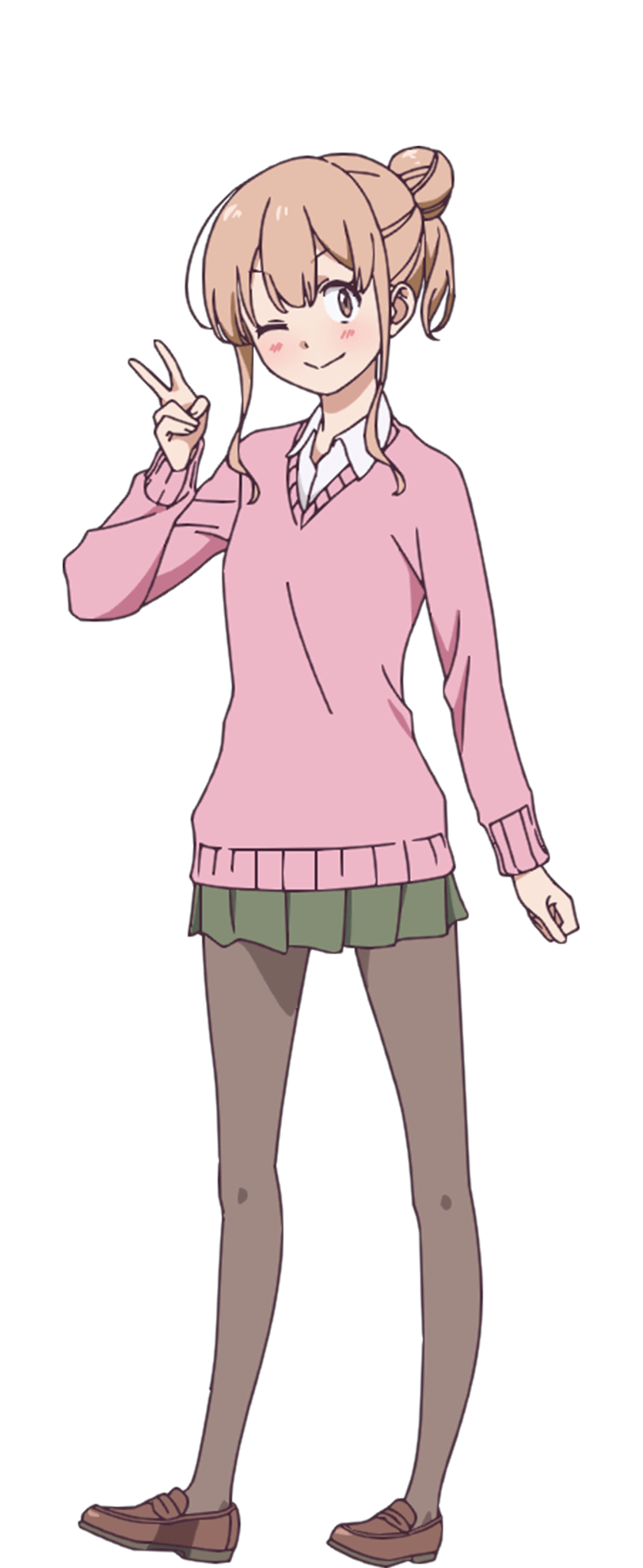 tani takuya, chanto suenai kyuuketsuki-chan, highres, official art, 1girl, anime coloring, blush, breasts, brown eyes, brown hair, brown pantyhose, brown shoes, cardigan, closed mouth, collared shirt, full body, green skirt, hair bun, hand up, henmi yukari, loafers, long sidelocks, long sleeves, looking at viewer, one eye closed, pantyhose, pink cardigan, pleated skirt, school uniform, shirt, shoes, sidelocks, simple background, single hair bun, skirt, small breasts, smile, solo, standing, tachi-e, transparent background, v, white shirt