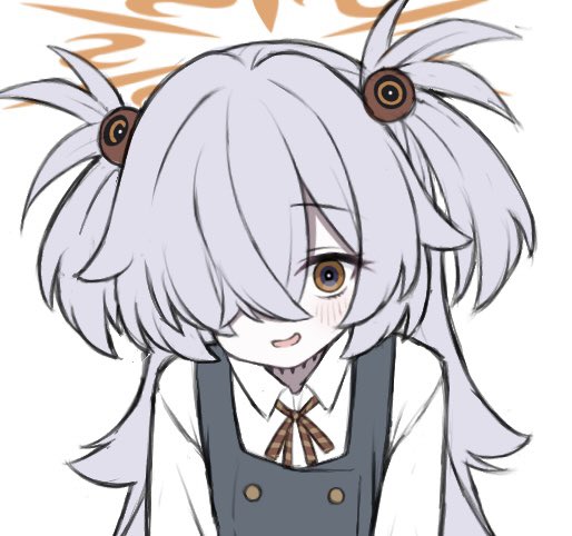 suiran (suiran0111), kanoe (blue archive), blue archive, 1girl, blush, brown eyes, brown halo, buttons, collared shirt, double-breasted, dress, grey dress, grey hair, hair ornament, hair over one eye, halo, long hair, long sleeves, looking at viewer, neck ribbon, open mouth, pinafore dress, red ribbon, ribbon, shirt, sidelocks, simple background, sleeveless, sleeveless dress, smile, solo, striped ribbon, two side up, upper body, white background, white shirt