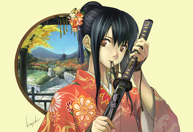 kurojishi, original, bad id, bad pixiv id, black hair, brown eyes, japanese clothes, katana, mouth hold, sheath, sheathed, solo, sword, weapon