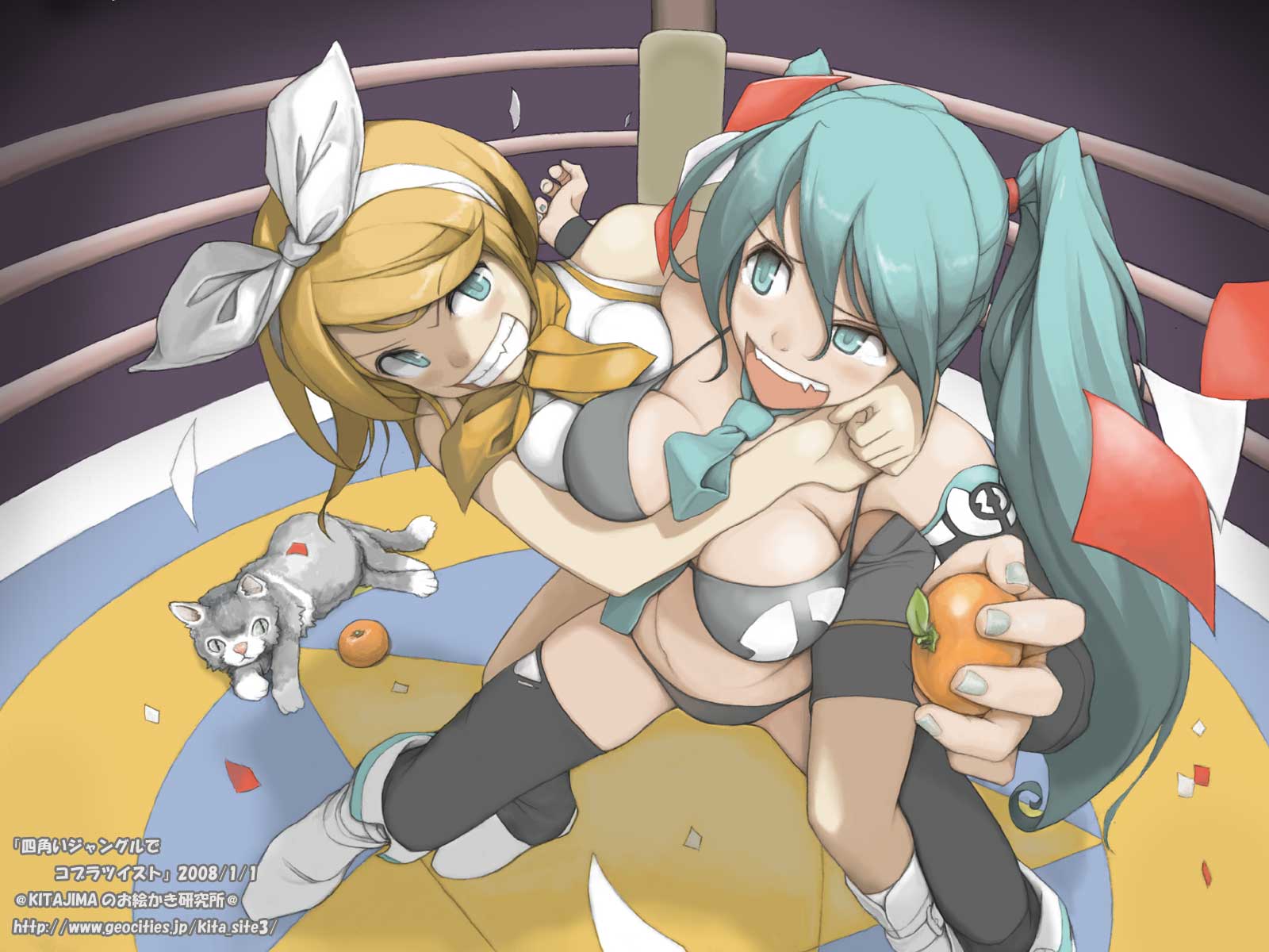 kitajima, hatsune miku, kagamine rin, vocaloid, black legwear, domination, highres, 2girls, aqua eyes, aqua hair, between breasts, bikini, blonde hair, boots, bow, breasts, cat, food, fruit, grey nails, hair bow, holding, holding food, holding fruit, long hair, mandarin orange, multiple girls, nail polish, necktie, short hair, swimsuit, thighhighs, twintails, very long hair, wrestling, wrestling ring