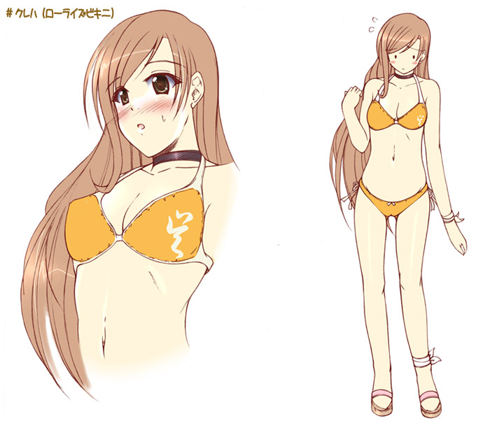 uminchu, touka kureha, sega, shining (series), shining wind, 1girl, bikini, brown hair, orange bikini, swimsuit, white background