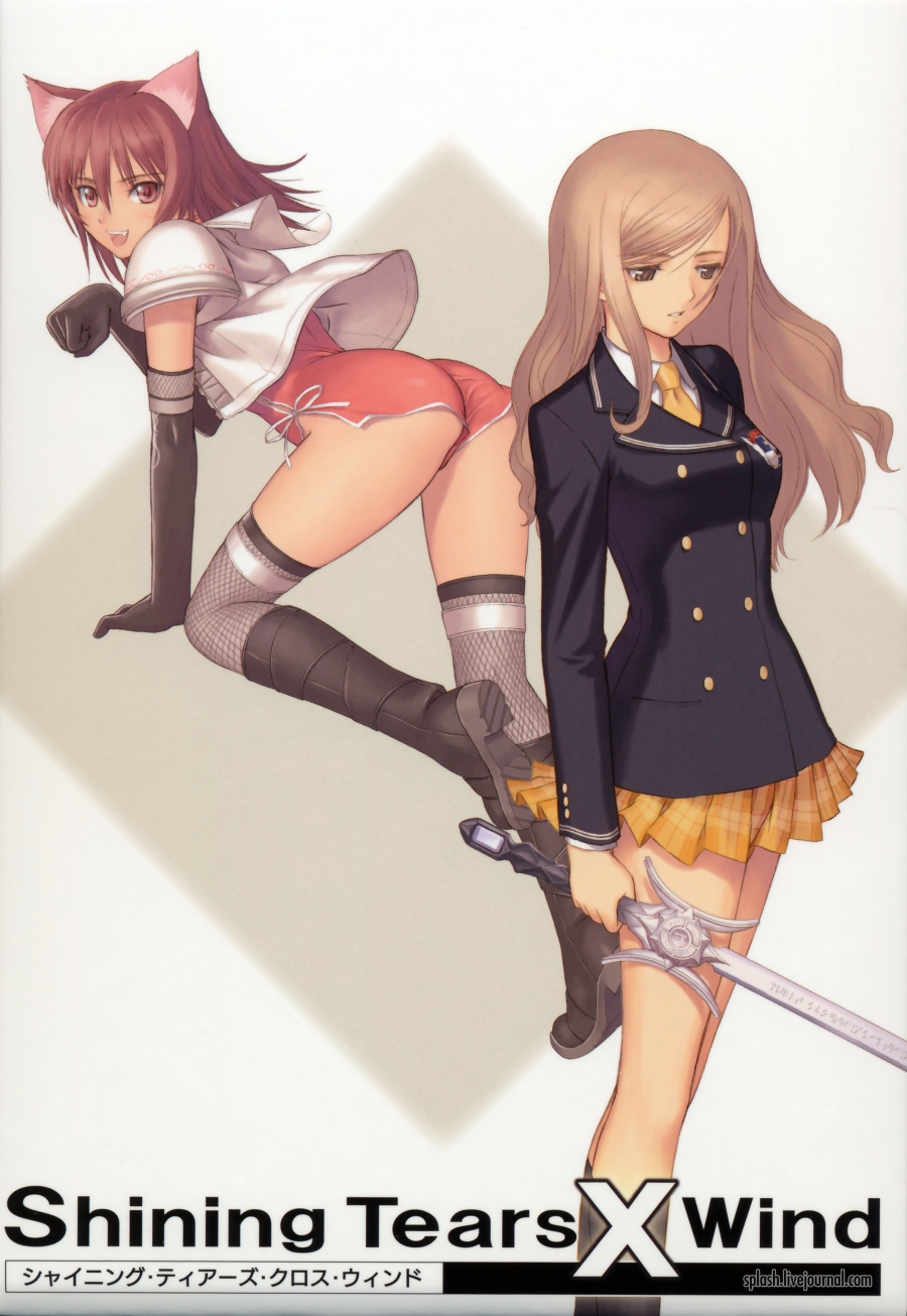 tony taka, mao (shining tears), touka kureha, sega, shining (series), shining tears, shining wind, highres, 2girls, animal ears, ass, bent over, boots, brown eyes, brown hair, cat ears, elbow gloves, fishnet thighhighs, fishnets, gloves, jacket, knee boots, kneehighs, long hair, looking back, multiple girls, naughty face, necktie, paw pose, plaid clothes, plaid skirt, red eyes, red hair, school uniform, serafuku, short hair, skirt, socks, sword, thighhighs, weapon