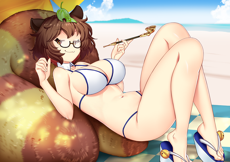 hataraki kuma, futatsuiwa mamizou, touhou, 1girl, :3, animal ears, beach, beach mat, bikini, black-framed eyewear, blue sky, breasts, brown eyes, brown hair, cleavage, flip-flops, glasses, holding, holding smoking pipe, kiseru, large breasts, leaf, leaf on head, outdoors, platform sandals, raccoon ears, raccoon girl, raccoon tail, sand, sandals, semi-rimless eyewear, short hair, sky, smoking, smoking pipe, solo, swimsuit, tail, toes, under-rim eyewear, white bikini