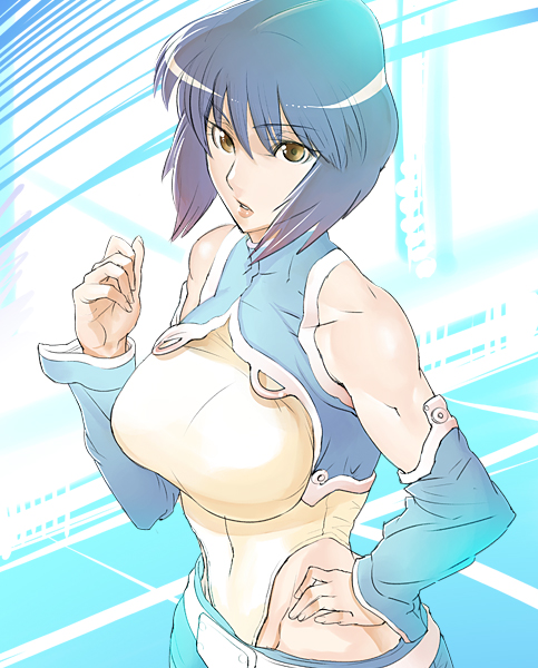 ishibashi yosuke, kusanagi motoko, ghost in the shell, 1girl, bare shoulders, breasts, detached sleeves, female focus, hand on own hip, hip focus, large breasts, leotard, purple hair, short hair, solo, yellow eyes