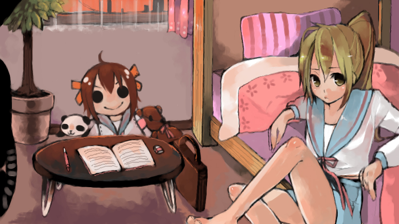 hase neet, kyon, kyonko, suzumiya haruhi, suzumiya haruhi no yuuutsu, bad id, bad pixiv id, gender request, 00s, 1girl, :d, bare legs, blue skirt, brown eyes, brown hair, character doll, doll, female focus, flower pot, full moon, genderswap, indoors, long sleeves, looking at viewer, looking back, moon, open mouth, plant, ponytail, potted plant, shirt, sitting, skirt, smile, solo, table, thighs, white shirt
