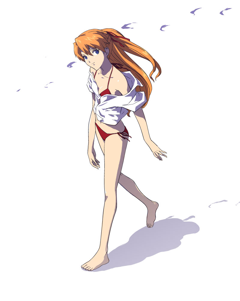 kawamura rukanan, souryuu asuka langley, neon genesis evangelion, 1girl, barefoot, bikini, female focus, long hair, looking at viewer, orange hair, red bikini, shirt, side-tie bikini bottom, simple background, solo, swimsuit, walking, white background