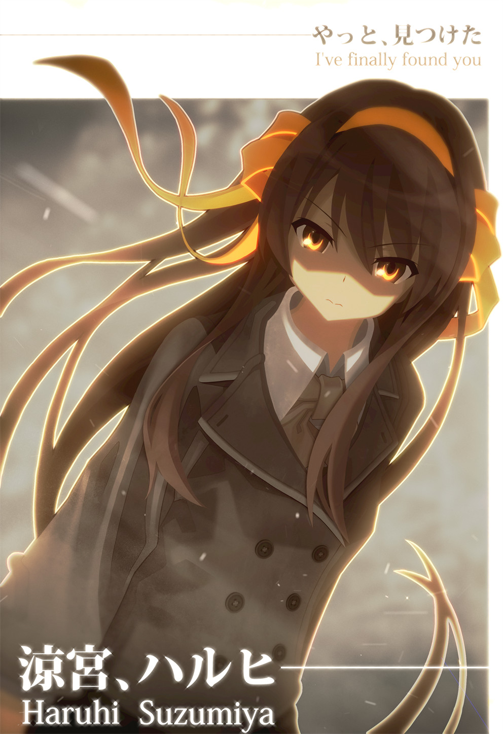 kichigoe, suzumiya haruhi, suzumiya haruhi no shoushitsu, suzumiya haruhi no yuuutsu, commentary, english commentary, highres, 1girl, bow, bowtie, brown hair, buttons, character name, closed mouth, coat, double-breasted, dutch angle, english text, floating hair, frown, glowing, glowing eyes, grey bow, grey coat, hair bow, hair ribbon, light particles, long hair, long sleeves, looking at viewer, official alternate hair length, official alternate hairstyle, ribbon, shaded face, shirt, sidelocks, solo, upper body, white shirt, wind, wing collar, yellow bow, yellow eyes