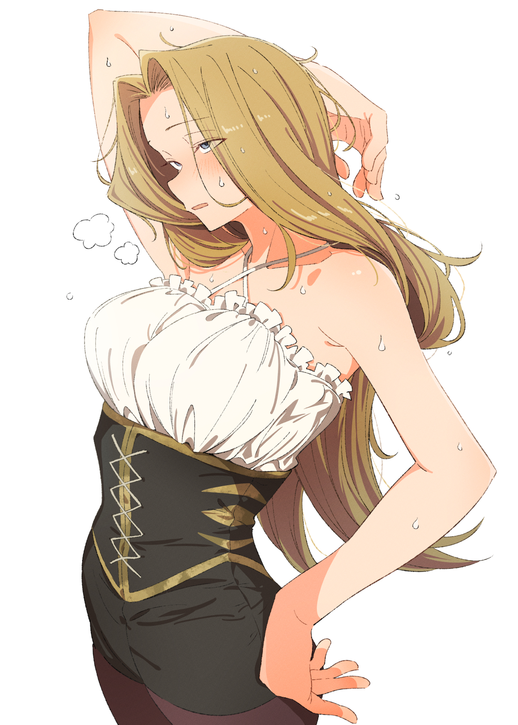 eitopondo, methode (sousou no frieren), sousou no frieren, highres, 1girl, arm up, armpit crease, bare shoulders, blonde hair, breasts, corset, cowboy shot, grey eyes, halterneck, hand on own hip, heavy breathing, large breasts, long hair, pantyhose, simple background, solo, sweat, very sweaty, white background