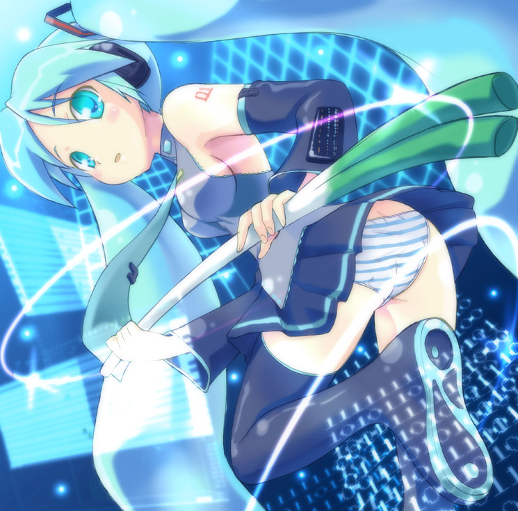 mukai, hatsune miku, vocaloid, 1girl, aqua hair, female focus, panties, solo, striped clothes, striped panties, thighhighs, underwear
