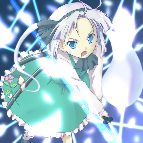 mukai, konpaku youmu, konpaku youmu (ghost), touhou, silver hair, 1girl, ascot, blue eyes, dress, female focus, green dress, hair ribbon, hairband, hitodama, holding, holding sword, holding weapon, katana, long sleeves, looking at viewer, ribbon, short hair, slashing, solo, sword, weapon