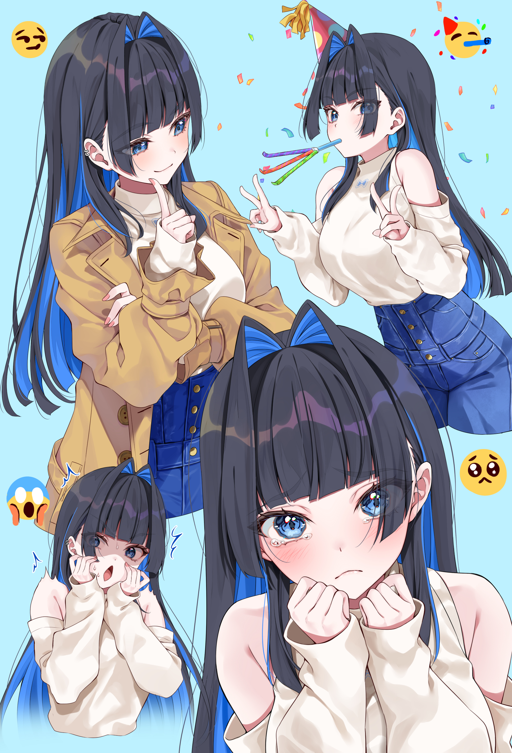 mogu (au1127), ouro kronii, ouro kronii (casual), hololive, hololive english, absurdres, commentary, highres, symbol-only commentary, 1girl, black hair, blue background, blue eyes, blue hair, blue pants, blunt bangs, blunt ends, breasts, brown coat, clothing cutout, coat, colored inner hair, confetti, denim, double v, earrings, emoji, hair intakes, hand up, hands up, high-waist pants, hime cut, jeans, jewelry, large breasts, long hair, long sleeves, looking at viewer, multicolored hair, official alternate costume, official alternate hairstyle, open mouth, pants, shirt, shoulder cutout, sidelocks, simple background, smile, tearing up, trench coat, turtleneck, v, variations, virtual youtuber, white shirt