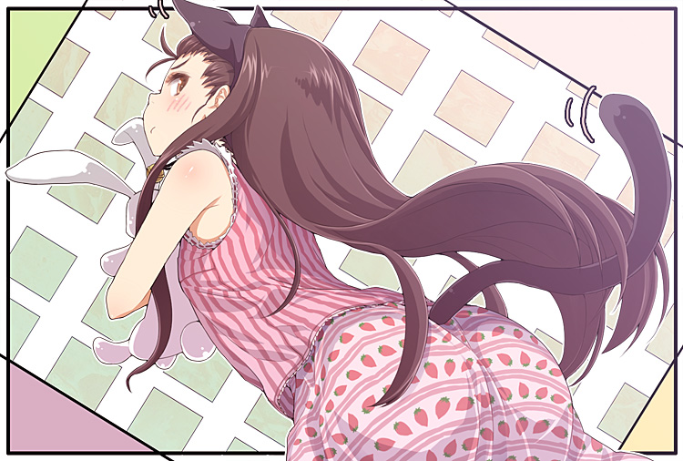 buriki, minase iori, idolmaster, idolmaster (classic), idolmaster 1, 00s, animal ears, ass, blush, brown eyes, brown hair, cat ears, cat tail, long hair, rabbit, solo, tail