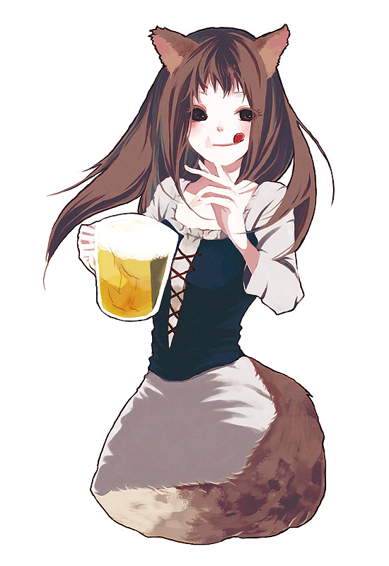 chakoro, holo, spice and wolf, bad id, bad pixiv id, 00s, :q, alcohol, animal ears, beer, beer mug, brown hair, cup, drink, long hair, mug, red eyes, solo, tail, tongue, tongue out, wolf ears, wolf tail