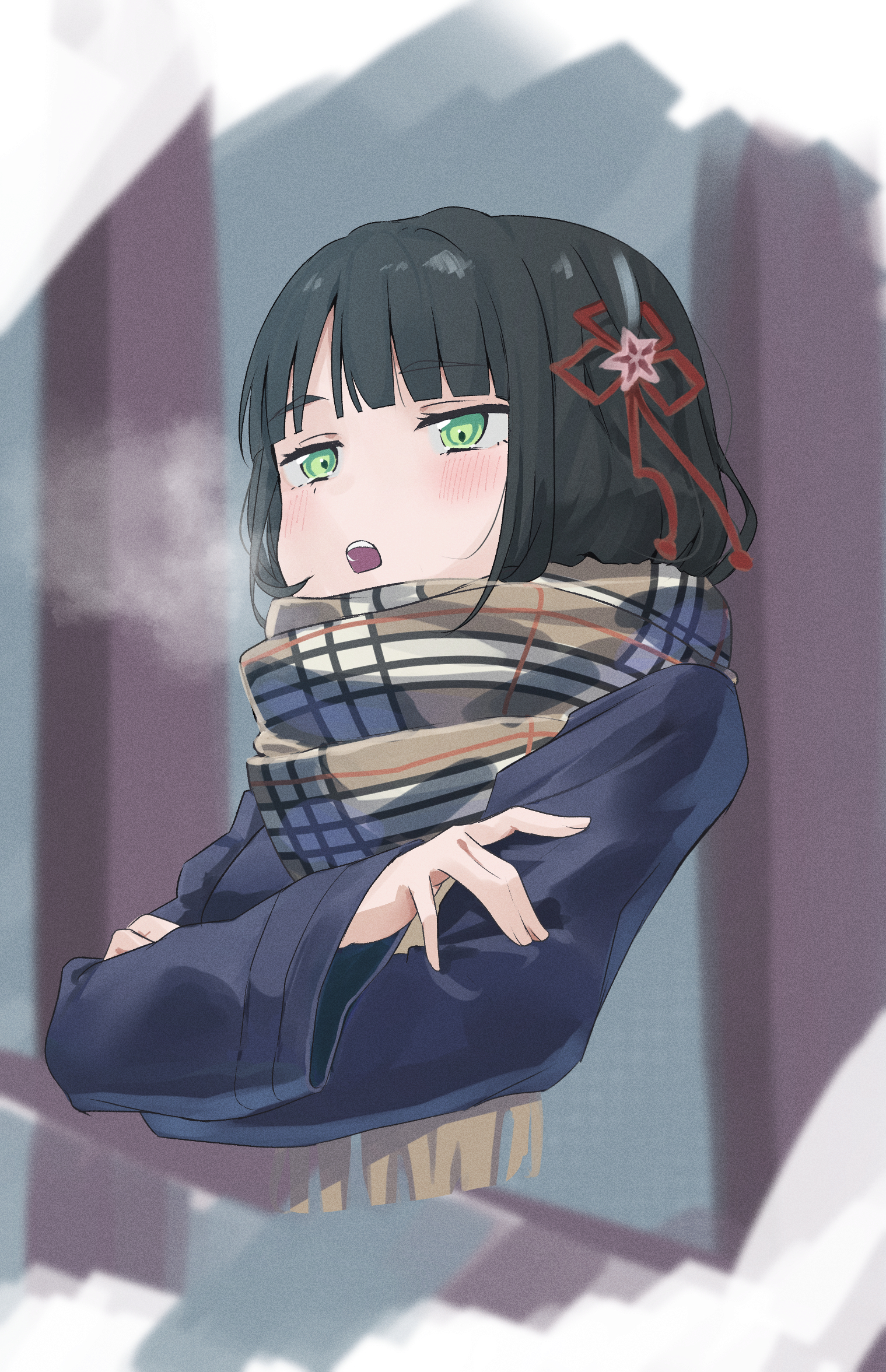 lowlight1010, momose ginko, link! like! love live!, love live!, commentary, highres, 1girl, black hair, blue coat, blunt bangs, blush, bob cut, breath, brown scarf, coat, cropped shoulders, crossed arms, enpera, flower, flower knot, green eyes, hair flower, hair ornament, jitome, long sleeves, open mouth, pink flower, plaid clothes, plaid scarf, scarf, short hair, sketch background, solo, teeth, upper teeth only, virtual youtuber