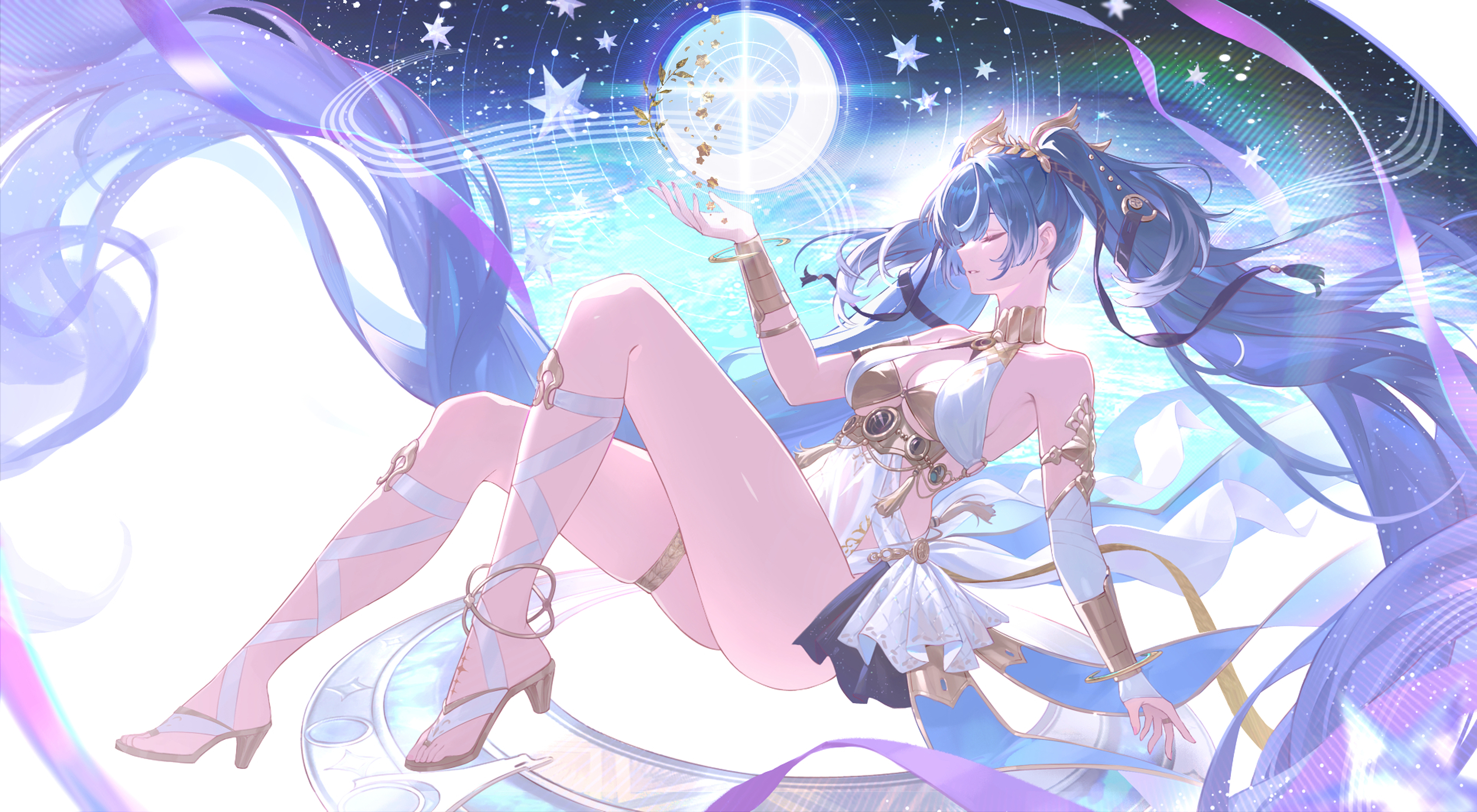 bisqqque, iuno (wuthering waves), wuthering waves, absurdres, commentary, highres, 1girl, ancient greek clothes, armlet, bare shoulders, blue hair, breasts, cleavage, closed eyes, full body, gold bra, greco-roman clothes, hair belt, head wreath, high heels, jewelry, leg wrap, long hair, medium breasts, parted lips, solo, tacet mark (wuthering waves), thighlet, thighs, toes, twintails, very long hair