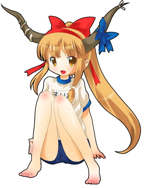 michii yuuki, ibuki suika, touhou, 1girl, alternate costume, barefoot, buruma, female focus, full body, gym uniform, horns, oni, orange hair, ponytail, simple background, sitting, solo, white background, yellow eyes