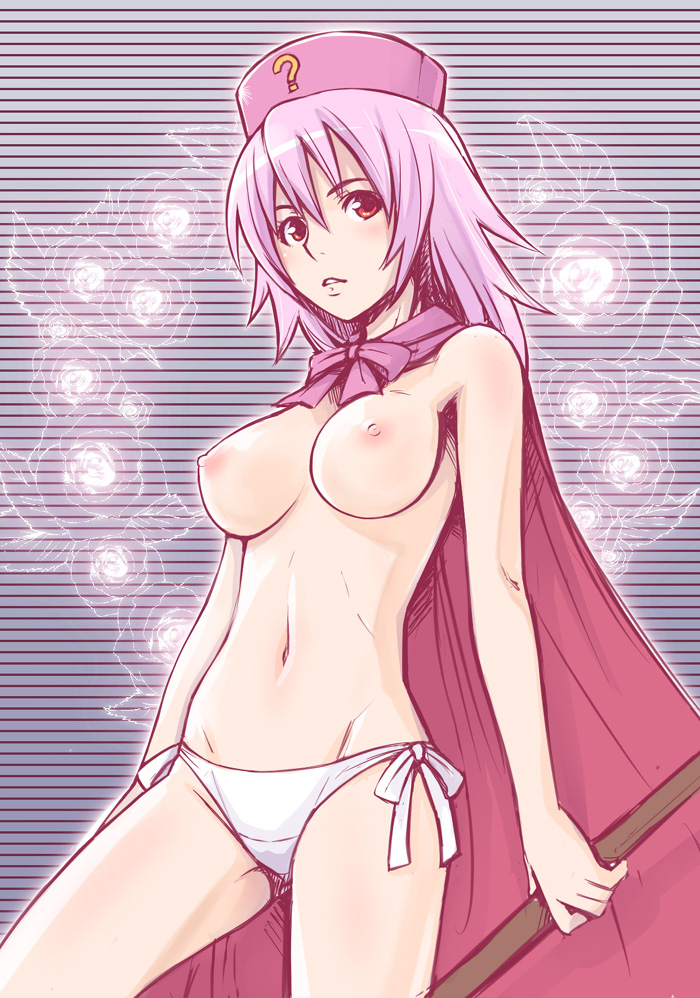 ha-ru, hatena yousei, benesse, 1girl, aged up, breasts, female focus, hat, large breasts, nipples, panties, pink hat, side-tie panties, solo, topless female, underwear, white panties
