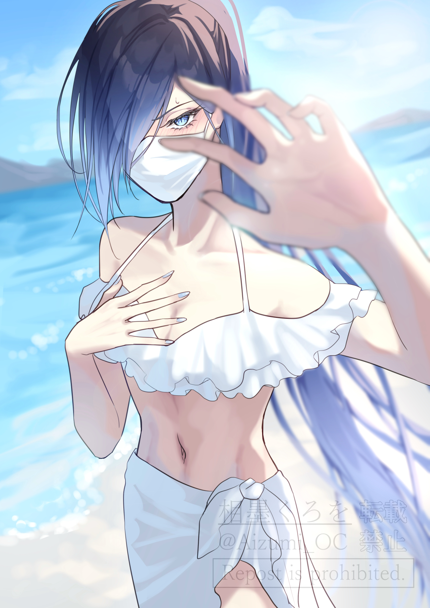 original, highres, 1girl, aizumi, beach, bikini, blue eyes, blue hair, blue nails, blush, breasts, collarbone, day, embarrassed, frilled bikini, frills, hair over one eye, hand on own chest, long bangs, long hair, looking at viewer, mask, medium breasts, midriff, mouth mask, navel, ocean, solo, surgical mask, swimsuit, water, water drop, watermark, white bikini, white mask