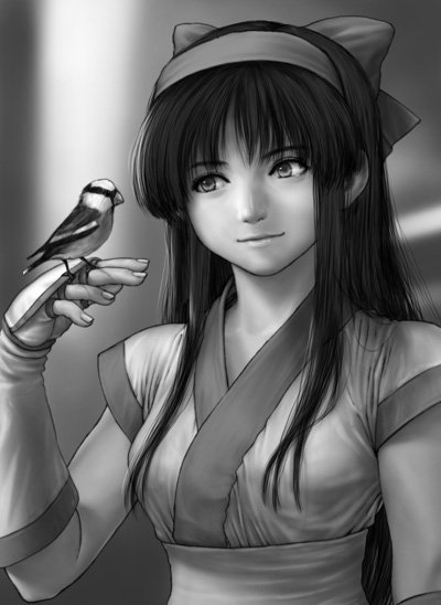fuyumi (8272), fuyumi (pixiv), nakoruru, samurai spirits, bad id, bad pixiv id, 1girl, animal, bird, black hair, blunt bangs, breasts, female focus, greyscale, hairband, japanese clothes, kimono, large breasts, light smile, long hair, monochrome, obi, sash, short sleeves, solo, underbust, upper body