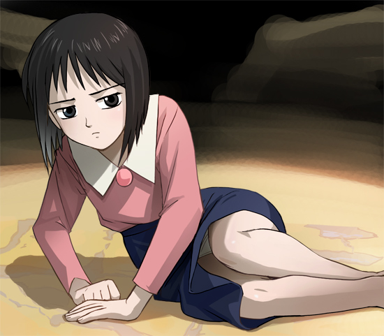 haruyama kazunori, helga, helga (fantastic children), fantastic children, 00s, 1girl, amazing children, bare legs, black hair, blue skirt, brown eyes, closed mouth, collar, female focus, frown, long sleeves, panties, pantyshot, short hair, sitting, skirt, solo, sweater, thighs, underwear, upskirt, yokozuwari