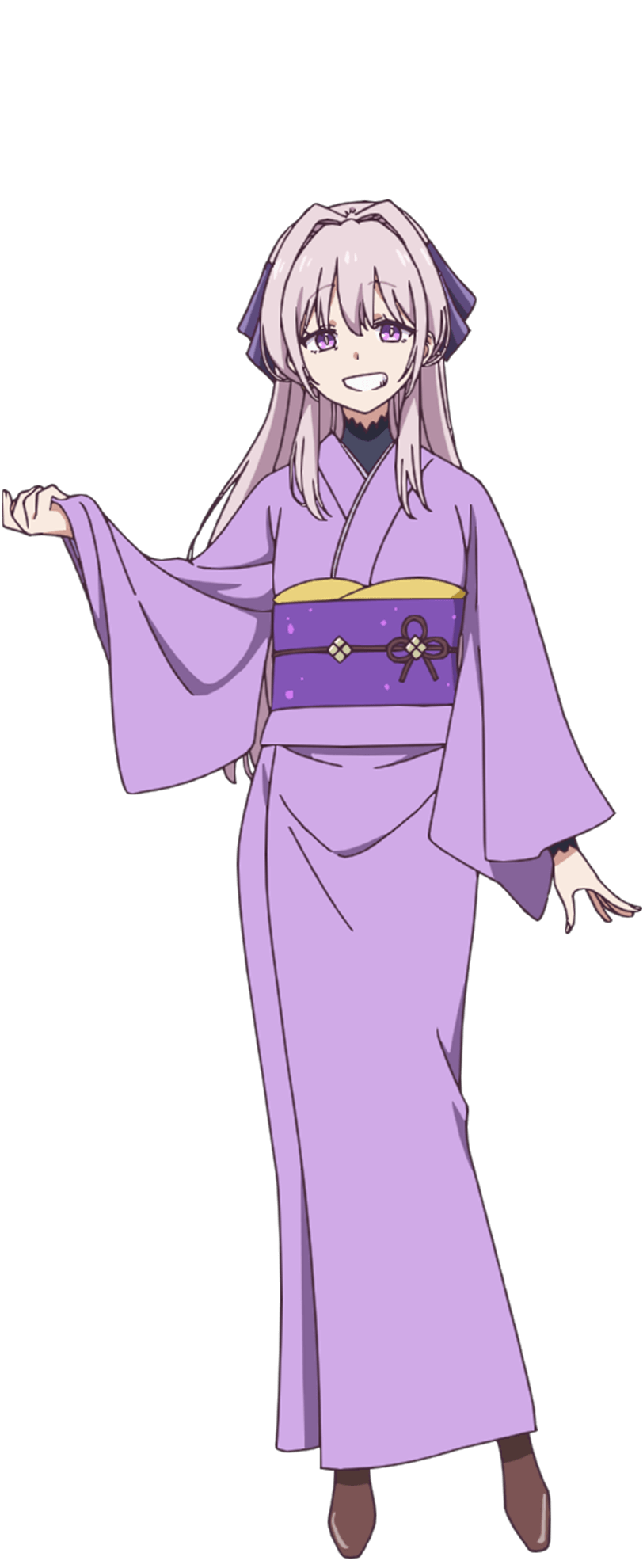 tani takuya, chanto suenai kyuuketsuki-chan, highres, official art, 1girl, anime coloring, brown shoes, full body, hair intakes, hair ribbon, hand up, japanese clothes, kimono, kirimine misuzu, long hair, looking at viewer, obi, open mouth, pink hair, purple eyes, purple kimono, purple ribbon, ribbon, sash, shoes, sidelocks, simple background, smile, solo, standing, tachi-e, tareme, teeth, transparent background, very long hair