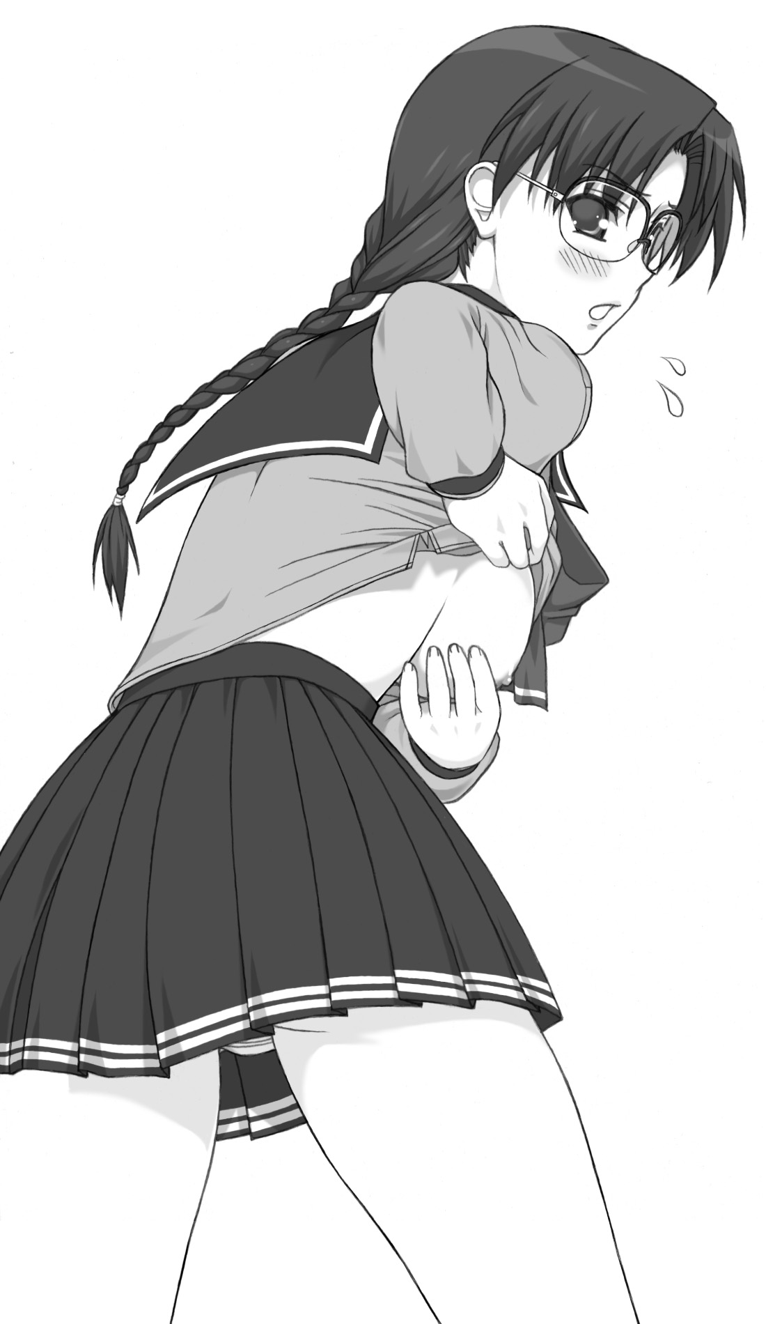shichimenchou, hoshina tomoko, to heart, to heart (series), highres, 1girl, braid, breasts, clothes lift, female focus, glasses, greyscale, long hair, medium breasts, monochrome, nipple slip, nipples, no bra, ponytail, school uniform, serafuku, shirt lift, solo