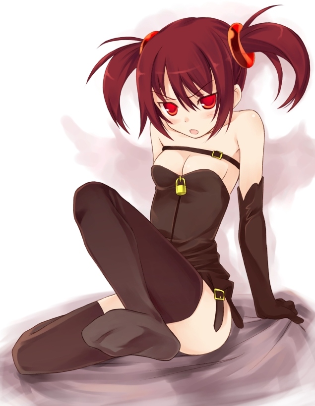 kurasuke, original, 1girl, annoyed, arm support, bare shoulders, bed sheet, belt, black thighhighs, blush, breasts, brown hair, buckle, cleavage, convenient leg, elbow gloves, feet, female focus, frown, gloves, lock, open mouth, padlock, red eyes, sheet grab, small breasts, solo, thighhighs, twintails