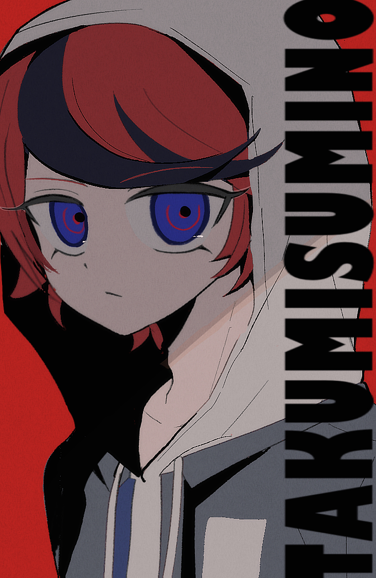 sumino takumi, the hundred line -last defense academy-, commentary request, 1boy, :/, black hair, blue eyes, character name, closed mouth, drawstring, grey jacket, hood, hood up, hoodie, jacket, jacket over hoodie, male focus, multicolored hair, open clothes, open jacket, red background, red hair, sanpaku, short hair, solo, streaked hair, two-tone hair, upper body, white hoodie, yuyuyu (iamyuyuyu93)