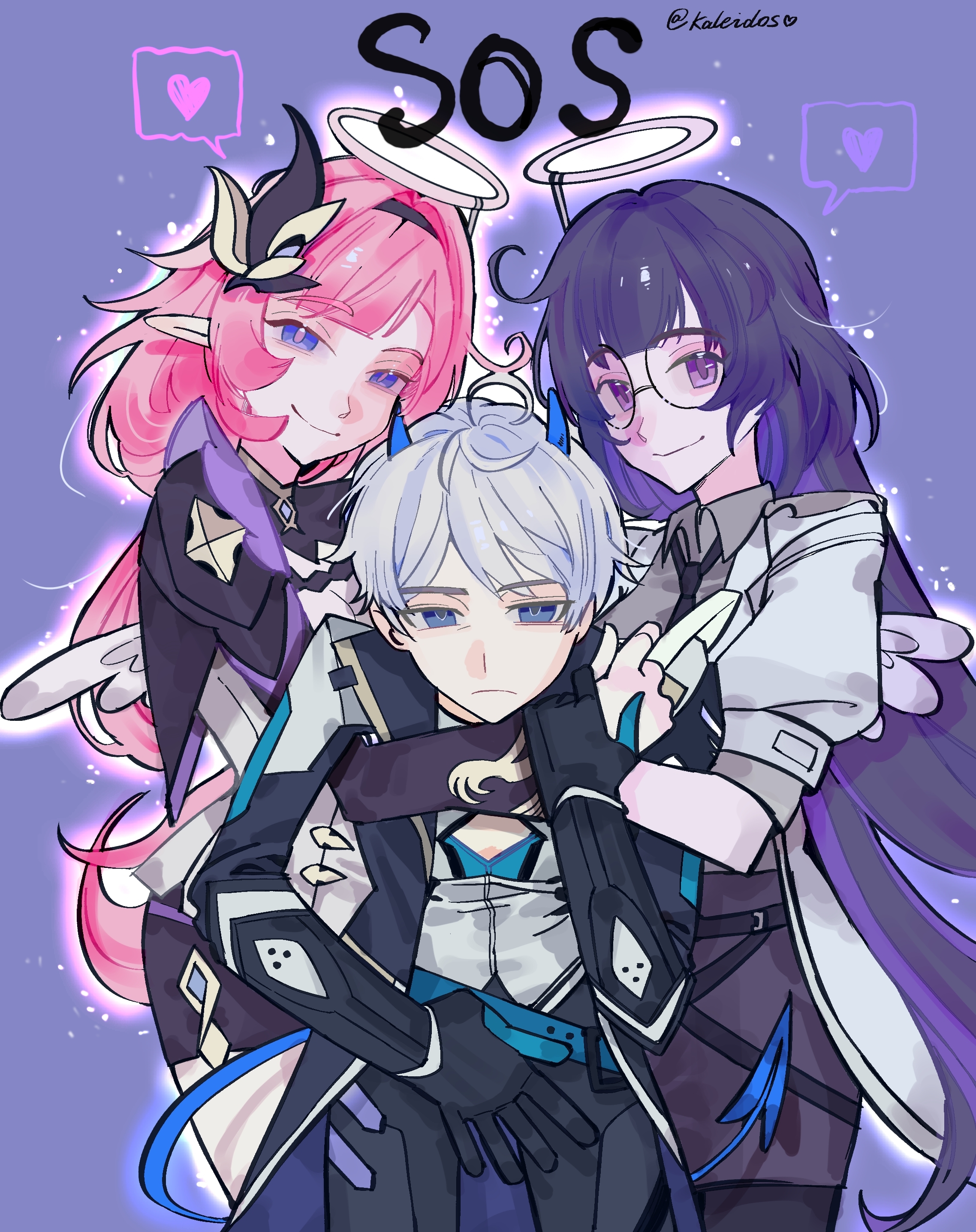 elysia (honkai impact), elysia (miss pink elf) (honkai impact), kevin kaslana, mei (honkai impact), honkai (series), honkai impact 3rd, absurdres, highres, 1boy, 2girls, angel wings, black gloves, black pants, black pantyhose, black shorts, black skirt, blue eyes, breasts, coat, demon horns, elf, glasses, gloves, hair ornament, halo, heart, horns, hug, kaleidos, lab coat, large breasts, long hair, multiple girls, pants, pantyhose, pencil skirt, pink hair, pointy ears, purple background, purple eyes, purple hair, short hair, short shorts, shorts, shrug (clothing), skirt, smile, spoken heart, very long hair, white coat, white hair, wings