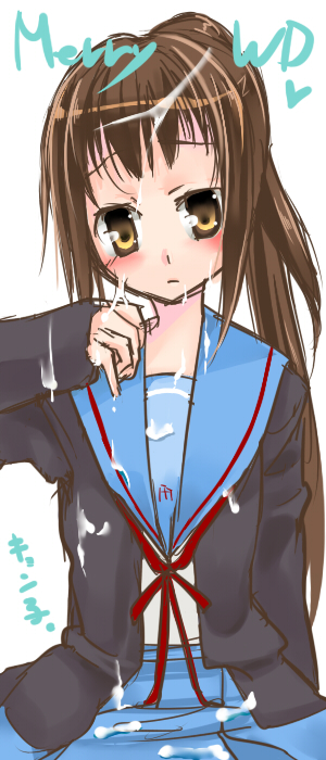 hisaba iori, kyon, kyonko, suzumiya haruhi no yuuutsu, 00s, 1girl, cum, female focus, genderswap, genderswap (mtf), ponytail, school uniform, simple background, solo