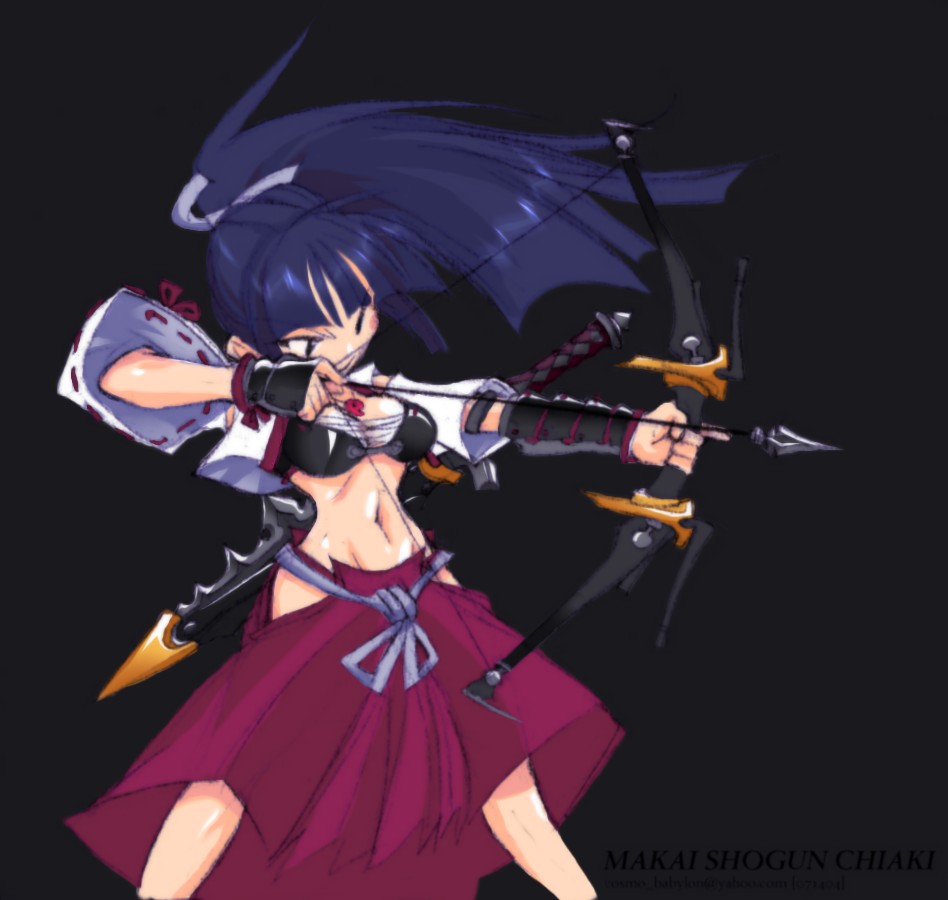 jason robinson, ronin (disgaea), disgaea, nippon ichi, jpeg artifacts, aiming, bikini top only, black eyes, blue hair, blush, bow, bow (weapon), breasts, cleavage, hair ribbon, hakama skirt, japanese clothes, jewelry, long hair, magatama, midriff, navel, necklace, no panties, ponytail, ribbon, sarashi, smile, solo, sword, weapon, wide hips
