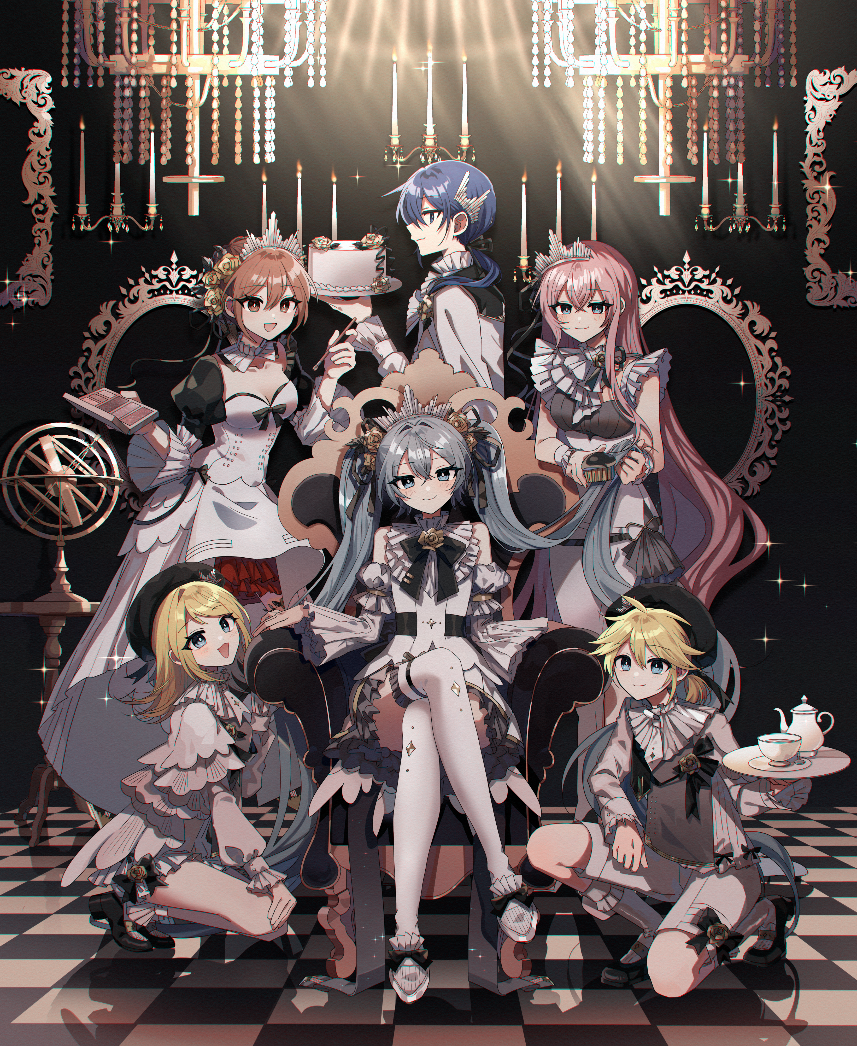 danjou sora, hatsune miku, kagamine len, kagamine rin, kaito (vocaloid), megurine luka, meiko (vocaloid), miku symphony (vocaloid), vocaloid, absurdres, highres, 2girls, 4girls, ahoge, aqua hair, blonde hair, blue eyes, blue hair, blush, breasts, brother and sister, brown hair, brushing hair, cake, candle, chandelier, cleavage, closed mouth, couch, crossed legs, cup, detached sleeves, dress, food, grey eyes, hair between eyes, hair ornament, holding, holding brush, long hair, long sleeves, looking at another, looking at viewer, makeup, mascara, medium breasts, multiple girls, official alternate costume, official alternate hairstyle, on couch, open mouth, pink hair, puffy long sleeves, puffy sleeves, shorts, siblings, smile, teacup, teapot, thighhighs, twintails, very long hair, white dress, white shorts, white thighhighs, wide sleeves, wrist cuffs