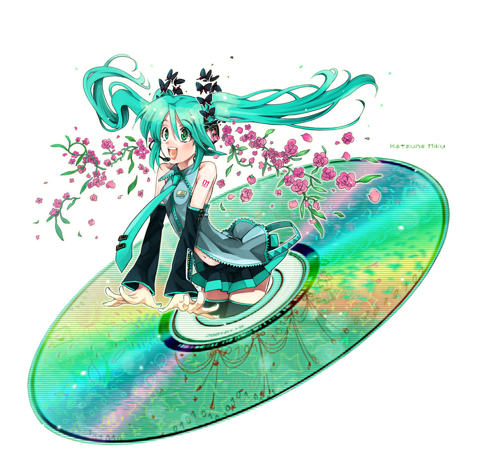 hatsune miku, vocaloid, aqua hair, bug, butterfly, cd, cdrom, detached sleeves, flower, green eyes, insect, skirt, solo, thighhighs, twintails