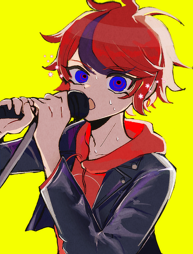 sumino takumi, the hundred line -last defense academy-, commentary request, revision, 1boy, black hair, black jacket, blue eyes, collarbone, collarbone peek, drawstring, holding, holding microphone, jacket, jacket over hoodie, lapels, male focus, microphone, multicolored hair, notched lapels, official alternate costume, open clothes, open jacket, open mouth, red hair, red jacket, short hair, simple background, solo, streaked hair, sweat, two-tone hair, yellow background, yuyuyu (iamyuyuyu93)