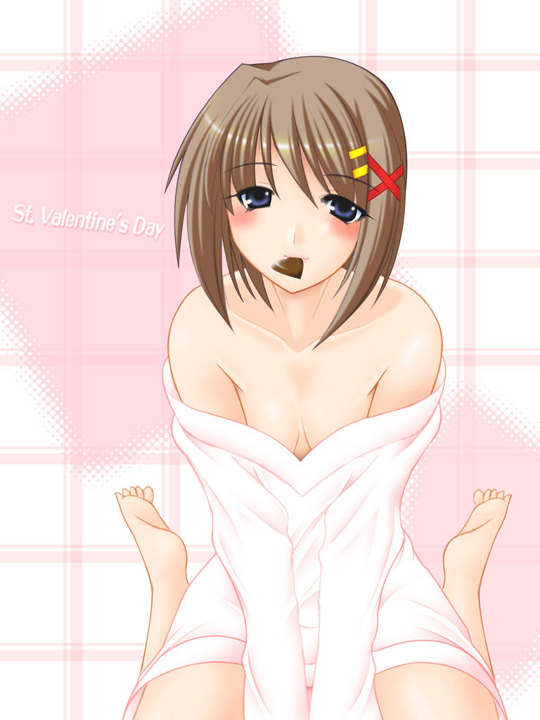 yagami hayate, lyrical nanoha, mahou shoujo lyrical nanoha, mahou shoujo lyrical nanoha strikers, 00s, 1girl, bare shoulders, blue eyes, blush, breasts, brown hair, chocolate, cleavage, female focus, hair ornament, ribbon, short hair, solo, valentine, x hair ornament