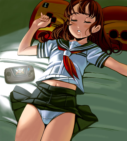kouno (masao), nintendo, sega, sonic (series), sonic the hedgehog (classic), 1girl, bed, black skirt, blush, breast pocket, brown hair, closed eyes, clothes lift, collarbone, cowboy shot, drooling, famicom, famicom gamepad, female focus, game console, handheld game console, long hair, lying, navel, neckerchief, panties, pocket, red neckerchief, school uniform, sega game gear, serafuku, shirt, short sleeves, skirt, skirt lift, sleeping, solo, underwear, white panties, white shirt