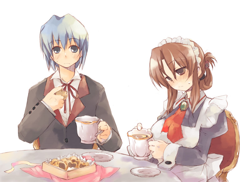 misaki kozue, ayasaki hayate, maria (hayate no gotoku!), hayate no gotoku!, 00s, 1boy, 1girl, apron, ascot, blue eyes, blue hair, blush, brown eyes, brown hair, chair, cookie, cuff links, cup, eating, folded ponytail, food, formal clothes, frown, juliet sleeves, long sleeves, maid, maid apron, maid headdress, neck ribbon, puffy sleeves, ribbon, saucer, sitting, suit, sweatdrop, table, tea, teacup