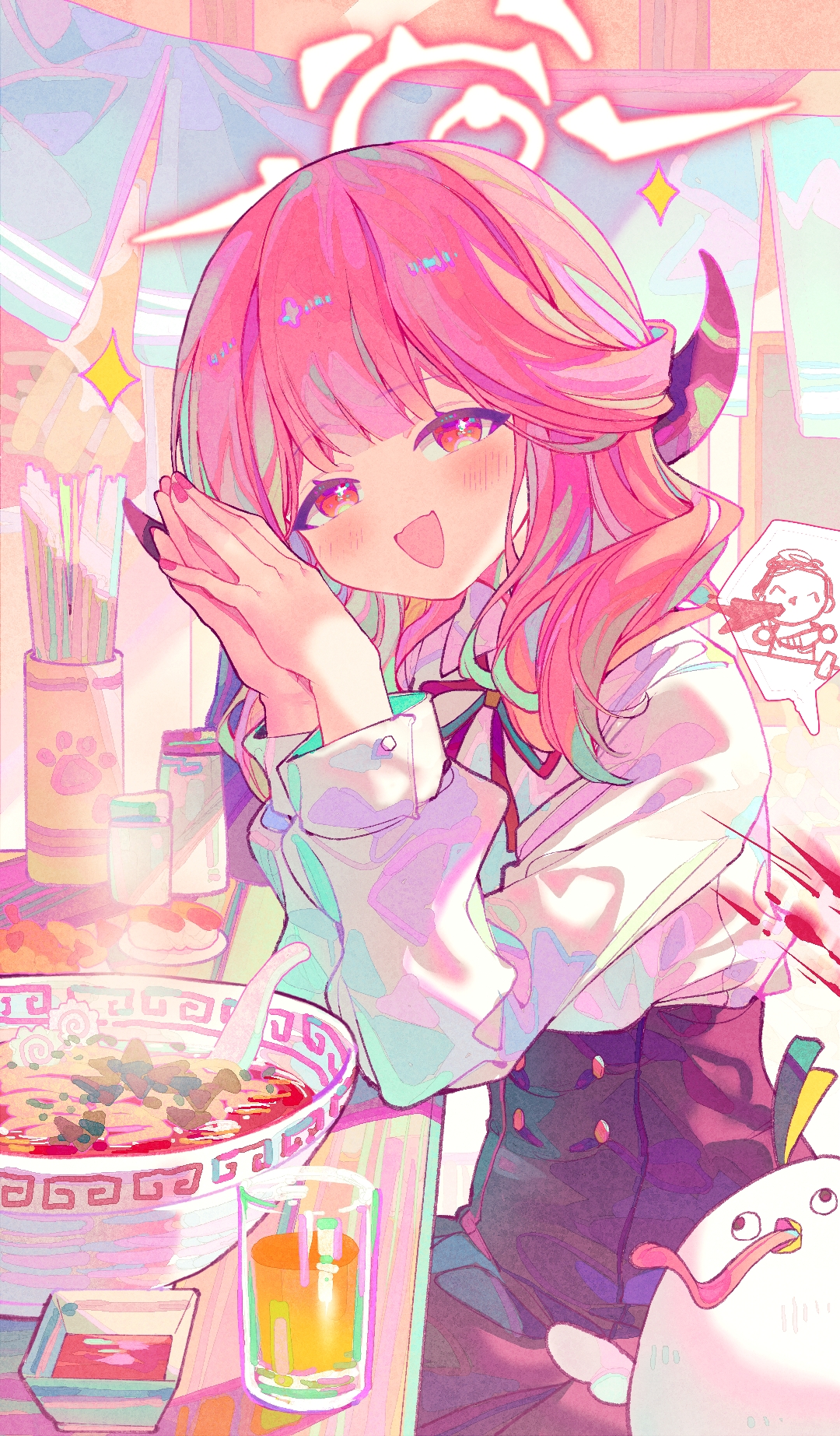 xianyuzi, aru (blue archive), doodle sensei (blue archive), peroro (blue archive), sensei (blue archive), blue archive, chinese commentary, commentary, highres, 1girl, :d, aroused nosebleed, black skirt, blood, blunt bangs, blush, buttons, collared shirt, cowboy shot, demon girl, demon horns, double-breasted, elbows on table, food, from side, glass, halo, hands up, happy, high-waist skirt, horns, indoors, long hair, long sleeves, looking at viewer, nail polish, neck ribbon, noodles, nosebleed, open mouth, own hands clasped, own hands together, pink eyes, pink hair, pink halo, ramen, red nails, red ribbon, ribbon, school uniform, shirt, skirt, smile, solo, sparkle, sparkling eyes, speech bubble, spoken character, steam, warm colored, white shirt
