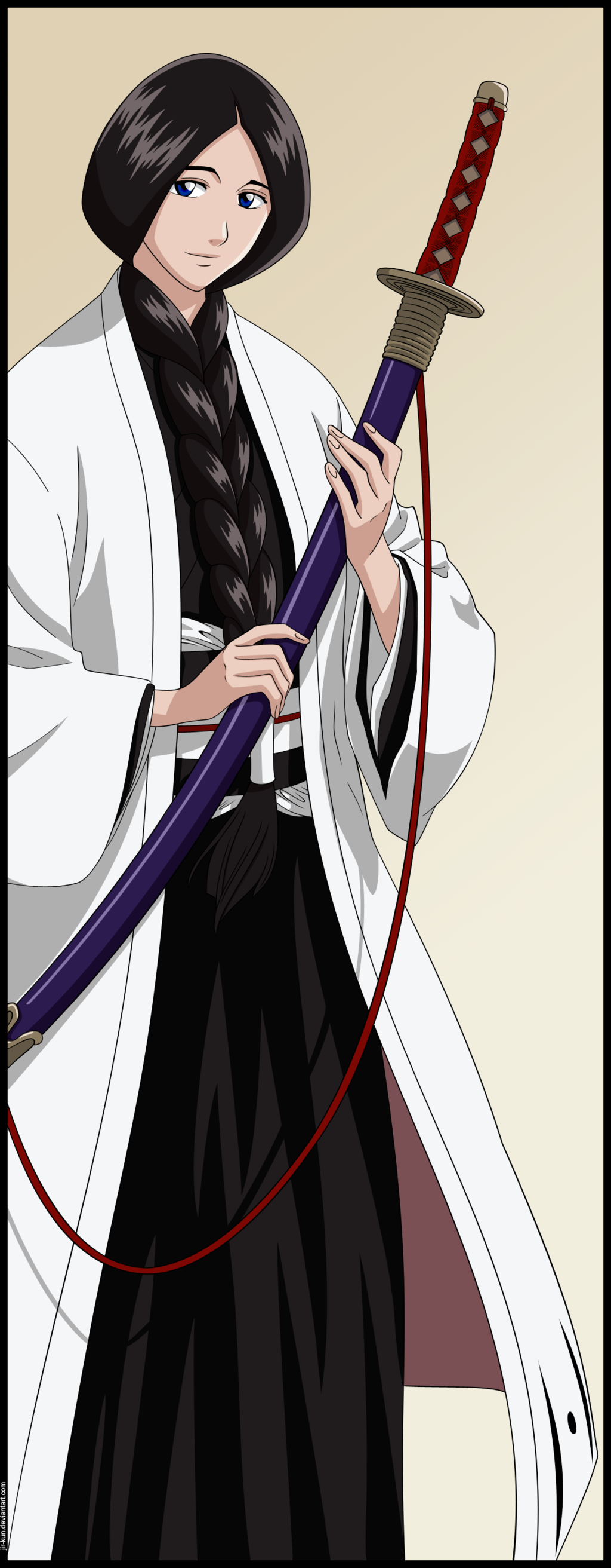 unohana retsu, bleach, absurdres, derivative work, highres, long image, md5 mismatch, resized, tall image, vector trace, 00s, 1girl, black hair, blue eyes, braid, female focus, front braid, front ponytail, haori, japanese clothes, long hair, looking at viewer, simple background, single braid, solo, sword, taichou haori, weapon