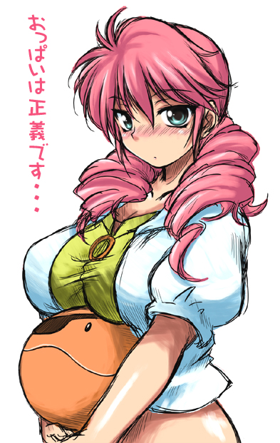 onizuka takuto, feldt grace, haro, gundam, gundam 00, translation request, 00s, 1girl, aqua eyes, blush, breasts, drill hair, female focus, huge breasts, pink hair, simple background, solo, white background