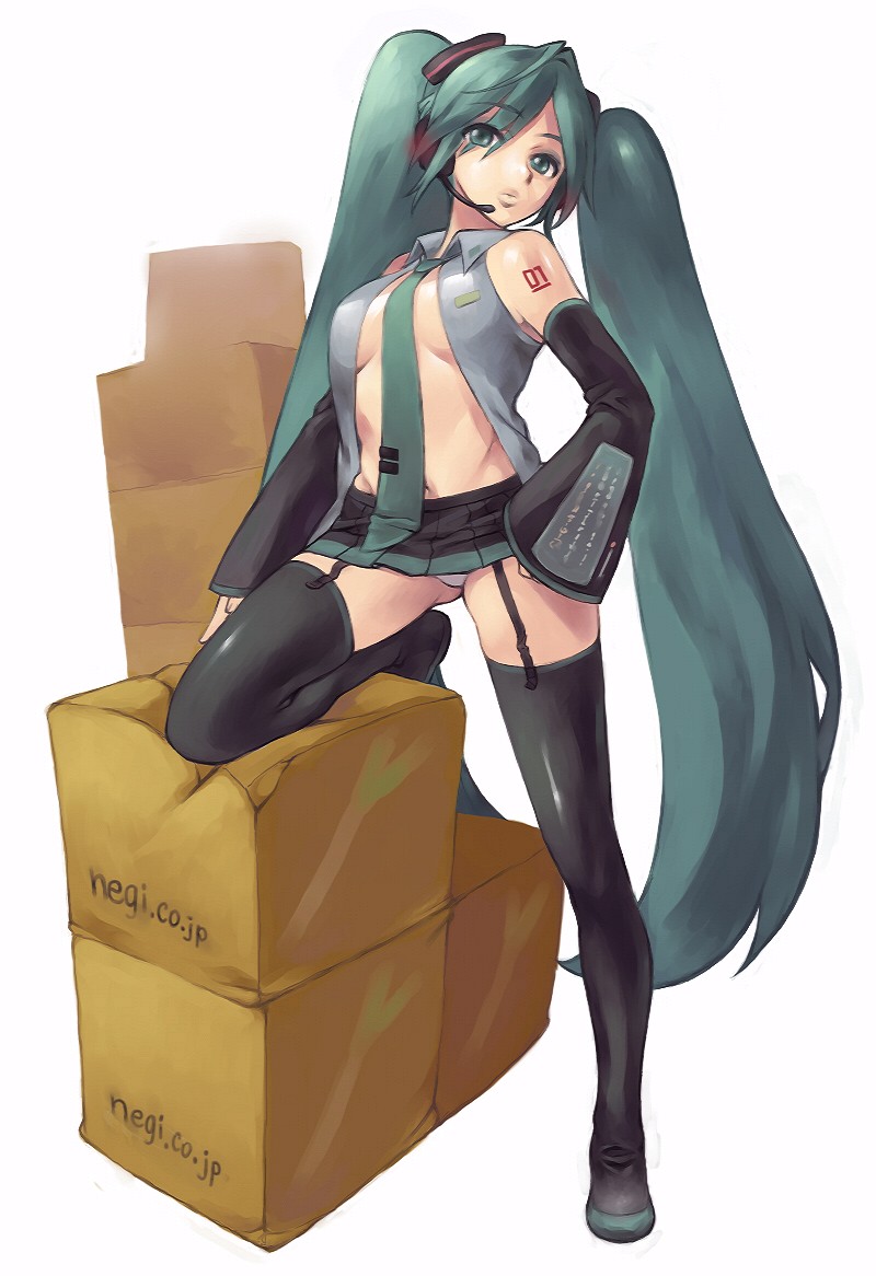 heisa, hatsune miku, vocaloid, 1girl, box, cardboard box, female focus, long hair, on box, open clothes, open shirt, panties, shirt, solo, thighhighs, twintails, underwear, very long hair