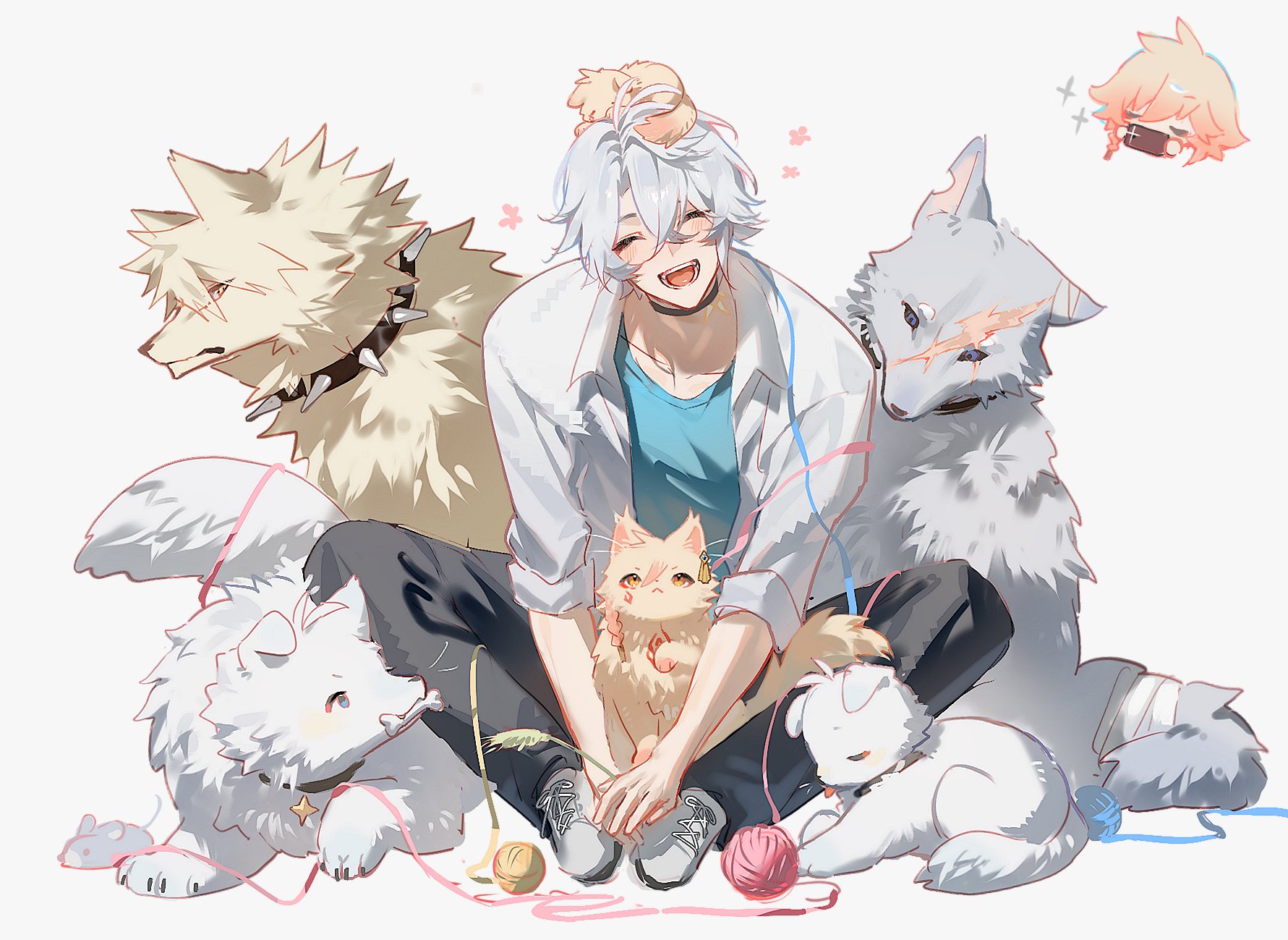 suirandanshihao, flame reaver of the deepest dark, mydei (honkai: star rail), phainon (honkai: star rail), phainon (khaslana) (honkai: star rail), honkai: star rail, honkai (series), highres, 2boys, animal, animal on head, animalization, antenna hair, black choker, black pants, blonde hair, blue shirt, cat, cat on head, chibi, choker, closed eyes, collar, collared shirt, earrings, gold earrings, gradient hair, jewelry, male focus, multicolored hair, multiple boys, on head, pants, parted bangs, red hair, scar, shirt, shoes, short hair, simple background, spiked collar, spikes, white background, white hair, white shirt, white shoes