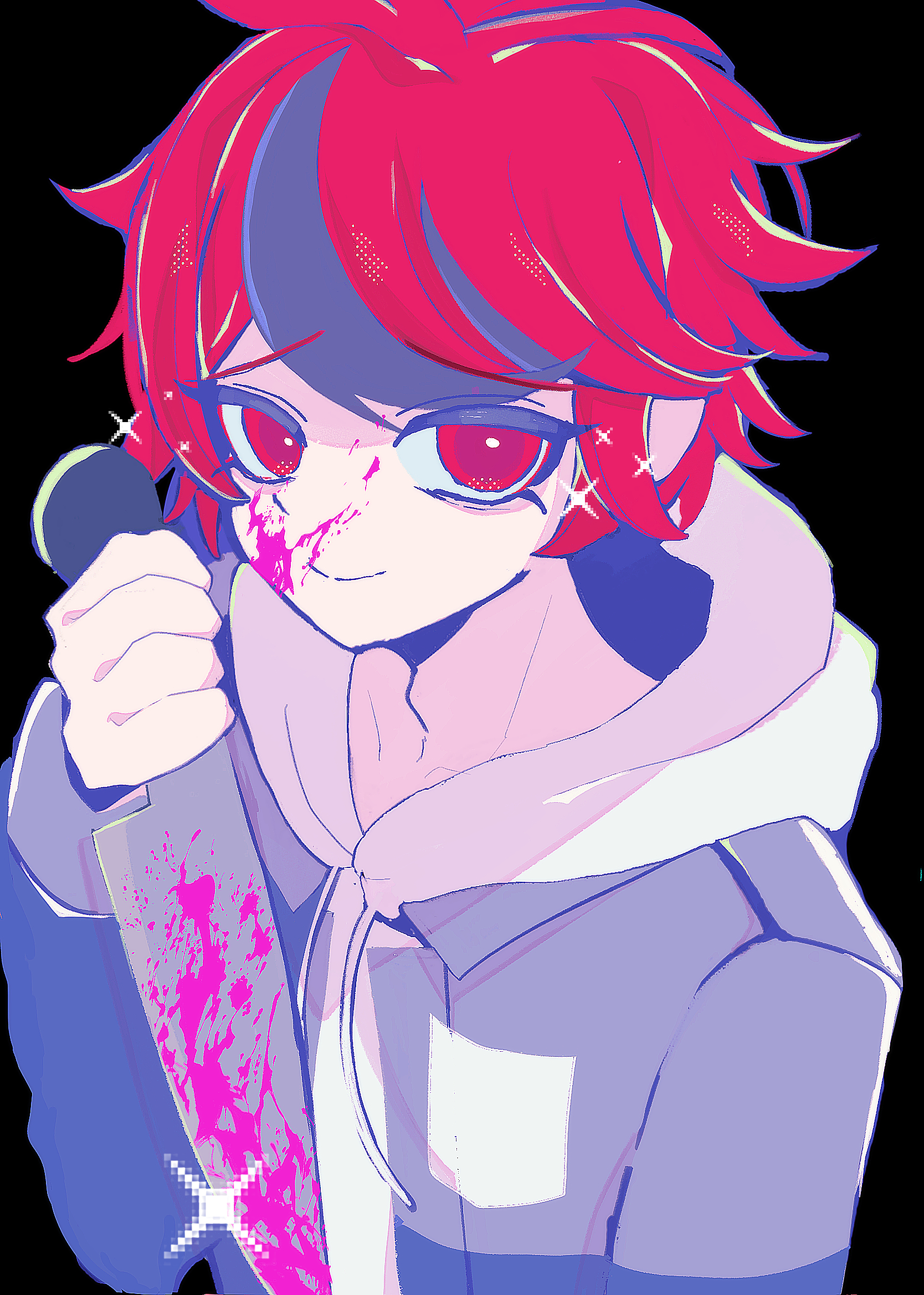 sumino takumi, the hundred line -last defense academy-, commentary request, highres, spoilers, 1boy, adam's apple, black background, black hair, blood, blood on face, bloody weapon, blue jacket, closed mouth, drawstring, grey jacket, holding, holding knife, hood, hood down, hoodie, jacket, jacket over hoodie, knife, long sleeves, male focus, multicolored hair, multicolored jacket, official alternate eye color, open clothes, open jacket, pink blood, raised inner eyebrows, red eyes, red hair, short hair, simple background, smile, solo, sparkle, streaked hair, two-tone hair, two-tone jacket, upper body, weapon, white hoodie, yuyuyu (iamyuyuyu93)