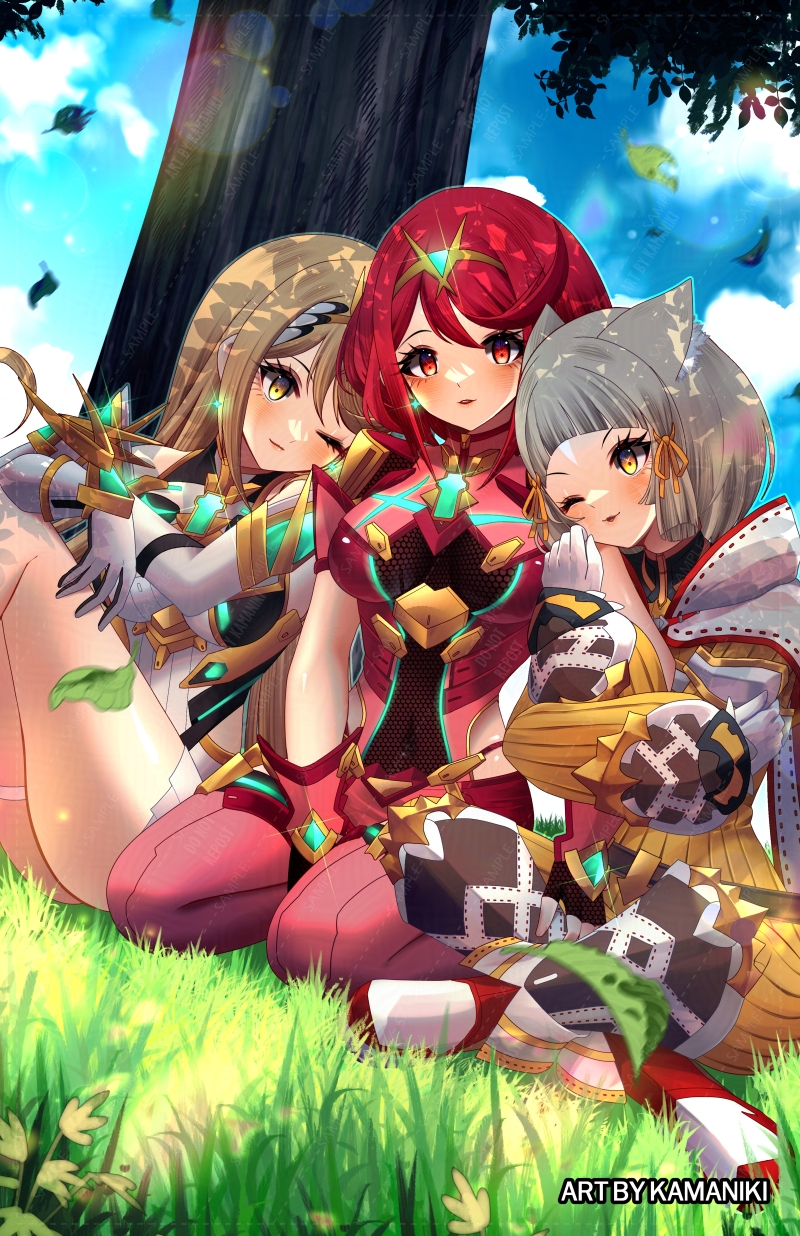 kamaniki, mythra (xenoblade), nia (xenoblade), pyra (xenoblade), xenoblade chronicles (series), xenoblade chronicles 2, 3girls, breasts, chest jewel, headpiece, large breasts, multiple girls, red hair, swept bangs, tiara