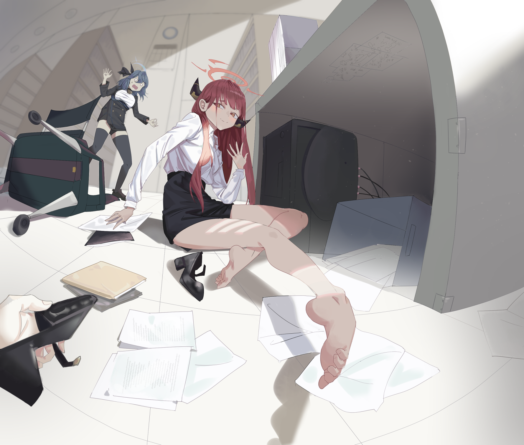hampo1219, ako (blue archive), aru (blue archive), blue archive, highres, 2girls, barefoot, blue hair, blush, feet, long hair, multiple girls, red hair, shoes, smile, soles, toes, unworn shoes